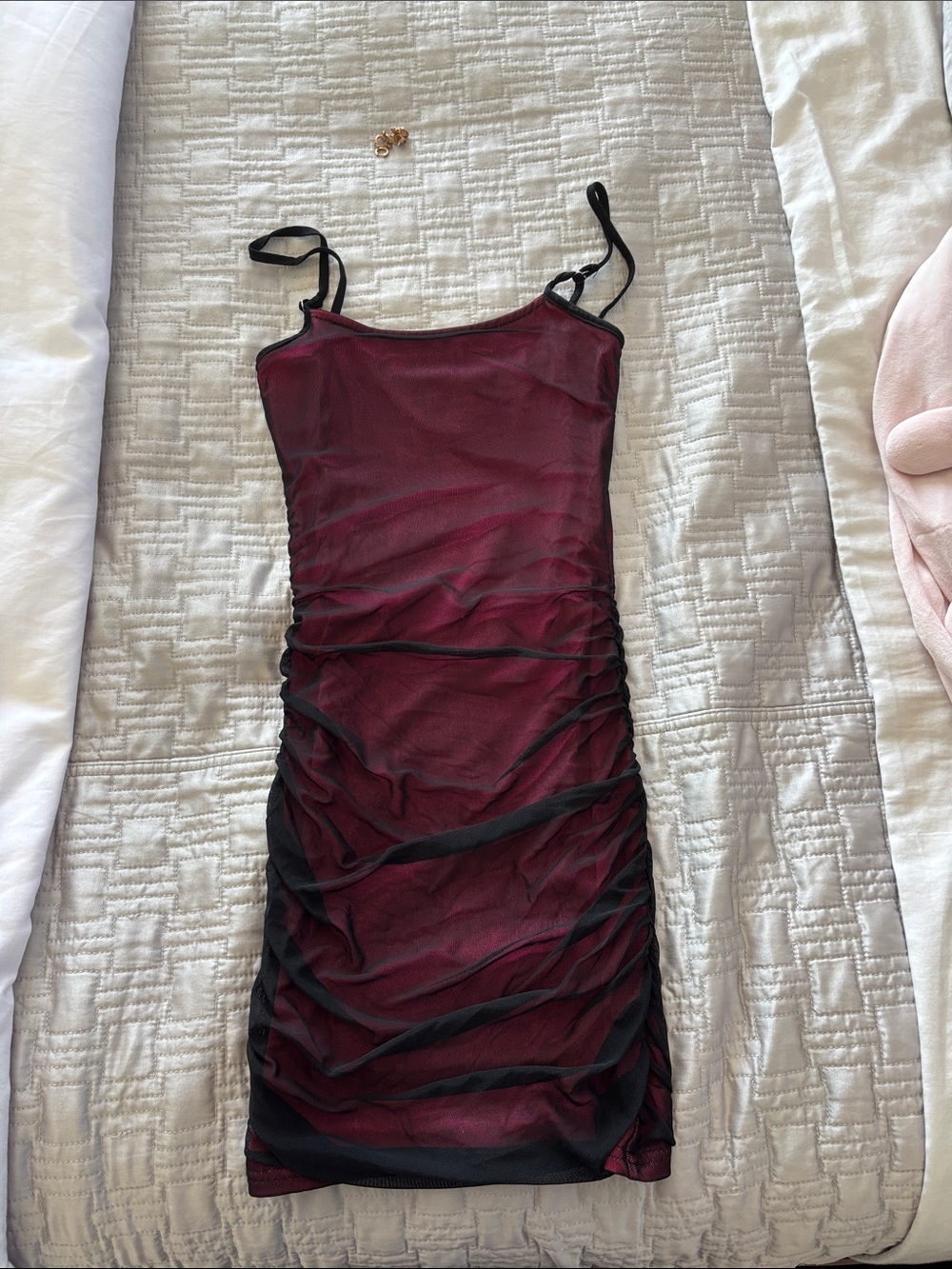 Katie J NYC Sheer Burgundy Mini Dress with Black Trim